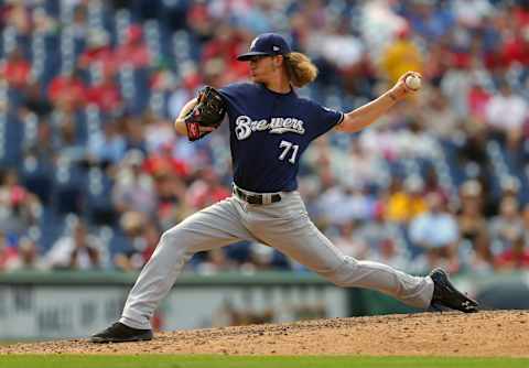 PHILADELPHIA, PA – JULY 23: Josh Hader #71 of the Milwaukee Brewers throws a pitch in the sixth inning during a game against the Philadelphia Phillies at Citizens Bank Park on July 23, 2017 in Philadelphia, Pennsylvania. The Phillies won 6-3. (Photo by Hunter Martin/Getty Images)