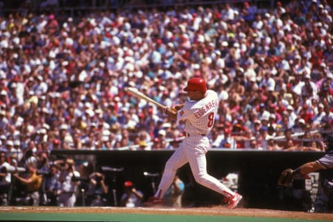 PHILADELPHIA, PA – AUGUST 1: Jim Eisenreich #8 of the Philadelphia Phillies bats during a baseball game on August 1, 1993 at Veterans Stadium in Philadelphia, Pennsylvania. (Photo by Mitchell Layton/Getty Images)