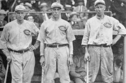 CHICAGO – October 3, 1919. The Cincinnati Reds starting outfielders pose in Comiskey Park in Chicago before the start of game three of the 1919 World Series. They are Sherry Magee, Edd Rousch, and Greasey Neale. (Photo by Mark Rucker/Transcendental Graphics, Getty Images)