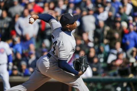 New York Yankees relief pitcher Aroldis Chapman works in the ninth inning against the Chicago Cubs at Wrigley Field in Chicago on Friday, May 5, 2017. (Jose M. Osorio/Chicago Tribune/Tribune News Service via Getty Images)