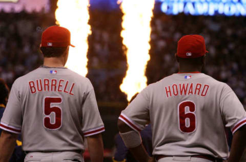 Pat Burrell #5 and Ryan Howard #6 of the Philadelphia Phillies (Photo by Doug Benc/Getty Images)