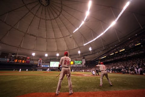 ST PETERSBURG, FL – OCTOBER 23: (L-R) Jayson Werth #28 and Jimmy Rollins #11 of the Philadelphia Phillies stand in the on deck circle against the Tampa Bay Rays during game two of the 2008 MLB World Series on October 23, 2008 at Tropicana Field in St. Petersburg, Florida. (Photo by Jed Jacobsohn/Getty Images)