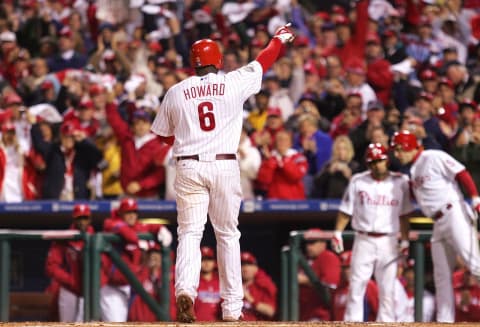 PHILADELPHIA – OCTOBER 25: Ryan Howard #6 of the Philadelphia Phillies celebrates his sixth inning homerun against the Tampa Bay Rays during game three of the 2008 MLB World Series on October 25, 2008 at Citizens Bank Park in Philadelphia, Pennsylvania. (Photo by Jim McIsaac/Getty Images)