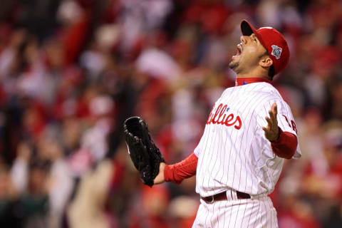 PHILADELPHIA – OCTOBER 29: J.C. Romero #16 of the Philadelphia Phillies reacts after Carlos Pena #23 of the Tampa Bay Rays lined out fot the third out in the top of the eighth inning during the continuation of game five of the 2008 MLB World Series on October 29, 2008 at Citizens Bank Park in Philadelphia, Pennsylvania. (Photo by Jed Jacobsohn/Getty Images)