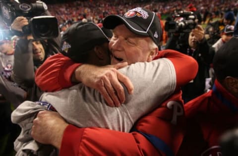 PHILADELPHIA – OCTOBER 29: Manager Charlie Manuel #41 of the Philadelphia Phillies celebrates on the field after their 4-3 win against the Tampa Bay Rays during the continuation of game five of the 2008 MLB World Series on October 29, 2008 at Citizens Bank Park in Philadelphia, Pennsylvania. (Photo by Jed Jacobsohn/Getty Images)