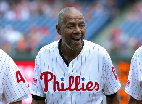 PHILADELPHIA, PA – AUGUST 13: Former Philadelphia Phillie, Bake McBride participates in Alumni Weekend ceremonies before a game between the Philadelphia Phillies and the New York Mets at Citizens Bank Park on August 13, 2017 in Philadelphia, Pennsylvania. The Mets won 6-2. (Photo by Hunter Martin/Getty Images)