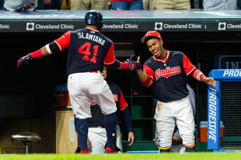 CLEVELAND, OH – AUGUST 26: Carlos Santana #41 of the Cleveland Indians celebrates with Francisco Lindor #12 after Santana hit a solo home run during the seventh inning against the Kansas City Royals at Progressive Field on August 26, 2017 in Cleveland, Ohio. (Photo by Jason Miller/Getty Images)