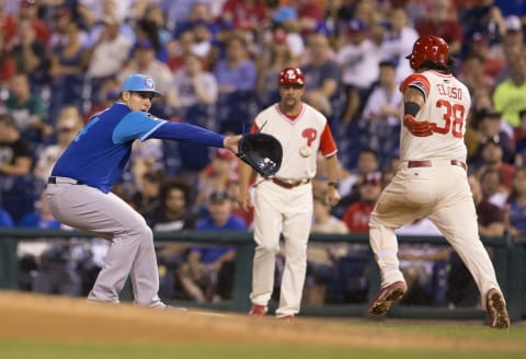 PHILADELPHIA, PA – AUGUST 26: Anthony Rizzo #44 of the Chicago Cubs forces out Jorge Alfaro #38 of the Philadelphia Phillies at first base in the bottom of the eighth inning at Citizens Bank Park on August 26, 2017 in Philadelphia, Pennsylvania. The Cubs defeated the Phillies 17-2. (Photo by Mitchell Leff/Getty Images)