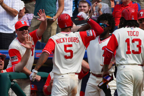 PHILADELPHIA, PA – AUGUST 27: Nick Williams #5 of the Philadelphia Phillies celebrates with teammates after hitting a two-run home run in the fifth inning during a game against the Chicago Cubs at Citizens Bank Park on August 27, 2017 in Philadelphia, Pennsylvania. The Phillies won 6-3. (Photo by Hunter Martin/Getty Images)