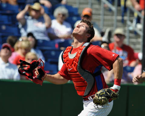 DUNEDIN, FL – MARCH 5: Catcher Lou Marson #3 of the Philadelphia Phillies looks for a foul ball against Team USA March 5, 2009 at Bright House Field in Dunedin, Florida. (Photo by Al Messerschmidt/Getty Images)