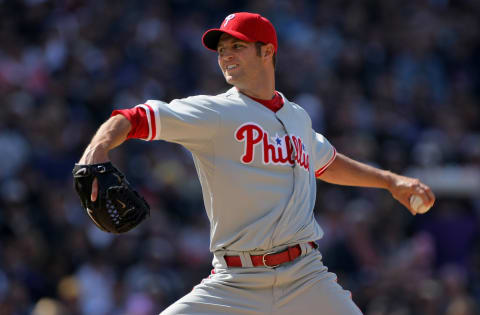 DENVER – APRIL 10: J.A. Happ #43 of the Philadelphia Phillies pitches in relief against the Colorado Rockies during MLB action on Opening Day at Coors Field on April 10, 2009 in Denver, Colorado. The Rockies defeated the Phillies 10-3. (Photo by Doug Pensinger/Getty Images)