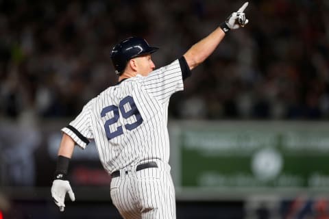 NEW YORK, NY – OCTOBER 16: (NEW YORK DAILIES OUT) Todd Frazier #29 of the New York Yankees reacts after his second inning three run home run against the Houston Astros in Game Three of the American League Championship Series at Yankee Stadium on October 16, 2017 in the Bronx borough of New York City. The Yankees defeated the Astros 8-1. (Photo by Jim McIsaac/Getty Images)