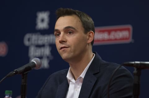 PHILADELPHIA, PA – SEPTEMBER 29: General manager Matt Klentak of the Philadelphia Phillies talks to the media prior to the game against the New York Mets at Citizens Bank Park on September 29, 2017 in Philadelphia, Pennsylvania. (Photo by Mitchell Leff/Getty Images)