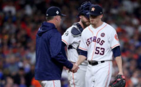 HOUSTON, TX – OCTOBER 28: Ken Giles #53 of the Houston Astros walks off the mound as he exits the game during the ninth inning against the Los Angeles Dodgers in game four of the 2017 World Series at Minute Maid Park on October 28, 2017 in Houston, Texas. (Photo by Tom Pennington/Getty Images)