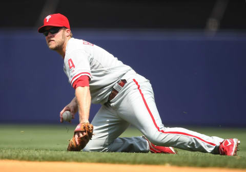 NEW YORK – MAY 24: Eric Brunlett #4 of the Philadelphia Phillies in the field against the New York Yankees on May 24, 2009 at Yankee Stadium in the Bronx borough of New York City. (Photo by Nick Laham/Getty Images)