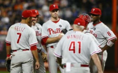 NEW YORK – JUNE 09: J.A. Happ #43 of the Philadelphia Phillies waits on the mound before being taken out of the game by manager Charlie Manuel #41 against the New York Mets during their game at Citi Field on June 9, 2009 in the Flushing neighborhood of the Queens borough of New York City. (Photo by Chris McGrath/Getty Images)