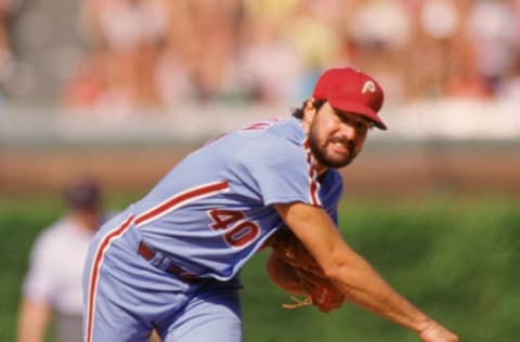 CHICAGO – 1987: Steve Bedrosian of the Philadelphia Phillies pitches during an MLB game versus the Chicago Cubs at Wrigley Field in Chicago, Illinois in August 1987. (Photo by Ron Vesely/MLB Photos via Getty Images)