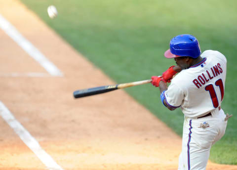 Jimmy Rollins of the Philadelphia Phillies bats against the St Louis Cardinals at Citizens Bank Park on July 25, 2009 in Philadelphia, Pennsylvania. The Phillies defeated the Cardinals 14 to 6. (Photo by Rob Tringali/Sportschrome/Getty Images)