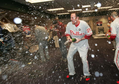 DENVER – OCTOBER 12: Brett Myers #39 of the Philadelphia Phillies sprays champagne in the locker room after the victory against the Colorado Rockies in Game Four of the NLDS during the 2009 MLB Playoffs at Coors Field on October 12, 2009 in Denver, Colorado. The Phillies won the game 5-4 and the series 3-1. (Photo by Jed Jacobsohn/Getty Images)