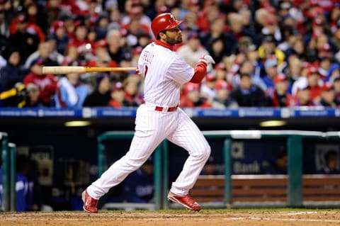 PHILADELPHIA – OCTOBER 18: Pedro Feliz #7 of the Philadelphia Phillies connects for a triple in the fifth inning against the Los Angeles Dodgers in Game Three of the NLCS during the 2009 MLB Playoffs at Citizens Bank Park on October 18, 2009 in Philadelphia, Pennsylvania. (Photo by Jeff Zelevansky/Getty Images)