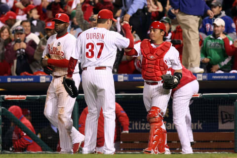 PHILADELPHIA – OCTOBER 18: Chad Durbin #37 and Carlos Ruiz #51 the Philadelphia Phillies celebrate their 11-0 win over the Los Angeles Dodgers in Game Three of the NLCS during the 2009 MLB Playoffs at Citizens Bank Park on October 18, 2009 in Philadelphia, Pennsylvania. (Photo by Nick Laham/Getty Images)