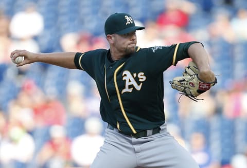 PHILADELPHIA, PA – SEPTEMBER 17: Blake Treinen #39 of the Oakland Athletics in action against the Philadelphia Phillies during a game at Citizens Bank Park on September 17, 2017 in Philadelphia, Pennsylvania. (Photo by Rich Schultz/Getty Images)