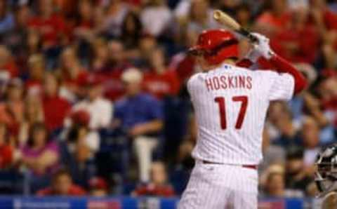 PHILADELPHIA, PA – SEPTEMBER 15: Rhys Hoskins #17 of the Philadelphia Phillies in action against the Oakland Athletics during a game at Citizens Bank Park on September 15, 2017 in Philadelphia, Pennsylvania. (Photo by Rich Schultz/Getty Images)