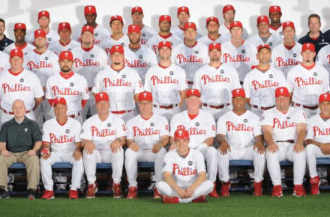 PHILADELPHIA – JULY 08: The Philadelphia Phillies pose for their 2009 team photo at Citizens Bank Park in Philadelphia, Pennsylvania on July 8, 2009. BACK ROW: Joe Swanhart, Brad Lidge, John Mayberry Jr., Ryan Madson, J.A. Happ, Jayson Werth, Ryan Howard, Sean Bowers. FOURTH ROW: Rick Collins, Jimmy Rollins, Carlos Ruiz, Rodrigo Lopez, J.C. Romero, Shane Victorino, Matt Stairs, Dan O’Rourke. THIRD ROW: Kevin Camiscioli, Jesus Tiamo, Eric Bruntlett, Scott Eyre, Pedro Feliz, Greg Dobbs, Chase Utley, Jamie Moyer, Ali Modami, Duane Wyse. SECOND ROW: Dong Lien, Tyler Walker, Chan Ho Park, Joe Blanton, Cole Hamels, Clay Condrey, Raul Ibanez, Chad Durbin, Chris Coste, Phil Sheridan. FRONT ROW: Mark Anderson, Scott Sheridan, Sam Perlozzo, Rich Dubee, Pete Mackanin, Charlie Manuel, Milt Thompson, Mick Billmeyer, Davey Lopes, Frank Coppenbarger. SEATED ON GROUND: Batboy Rob DiClementi. (Photo by Miles Kennedy/Philadelphia Phillies/MLB Photos via Getty Images)