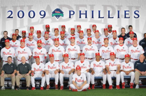 Philadelphia Phillies pose for their 2009 team photo (Photo by Miles Kennedy/Philadelphia Phillies/MLB Photos via Getty Images)