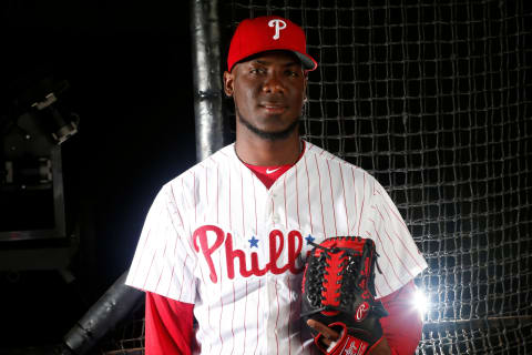 CLEARWATER, FL – FEBRUARY 20: Enyel De Los Santos #78 of the Philadelphia Phillies poses for a portrait on February 20, 2018 at Spectrum Field in Clearwater, Florida. (Photo by Brian Blanco/Getty Images)