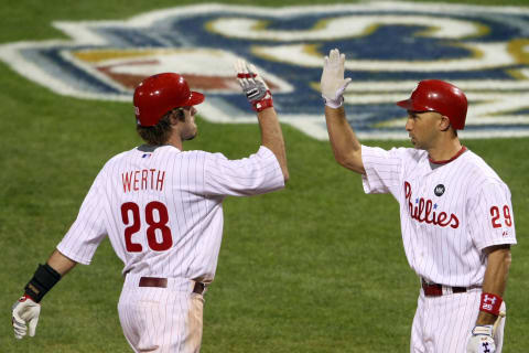 PHILADELPHIA – OCTOBER 21: Jayson Werth #28 of the Philadelphia Phillies celebrates his seventh inning home run against the Los Angeles Dodgers with Raul Ibanez #29 in Game Five of the NLCS during the 2009 MLB Playoffs at Citizens Bank Park on October 21, 2009 in Philadelphia, Pennsylvania. (Photo by Nick Laham/Getty Images)