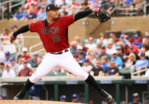 SCOTTSDALE, AZ – MARCH 10: Arizona Diamondbacks starting pitcher Taijuan Walker (99) pitches during the MLB Spring Training baseball game between the Kansas City Royals and the Arizona Diamondbacks on March 10, 2018 at Salt River Fields at Talking Stick in Scottsdale, AZ (Photo by Adam Bow/Icon Sportswire via Getty Images)