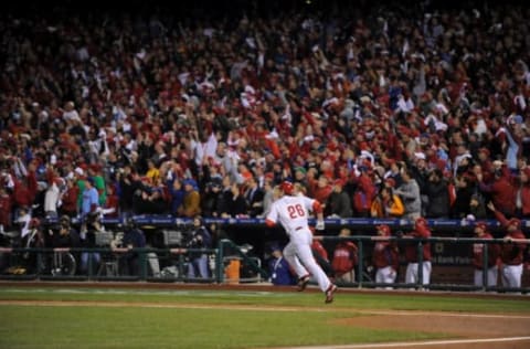 PHILADELPHIA – NOVEMBER 02: Chase Utley #26 of the Philadelphia Phillies after hitting a home run against the New York Yankees in Game Five of the 2009 MLB World Series at Citizens Bank Park on November 2, 2009 in Philadelphia, Pennsylvania. The Phillies defeated the Yankees 8 to 6.(Photo by Rob Tringali/Sportschrome/Getty Images)