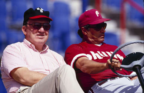 FLORIDA – MARCH 1992: MLB Commissioner Fay Vincent and Philadelphia Phillies manager Jim Fregosi look on before a Spring Training game in March 1992 in Florida. (Photo by Jonathan Daniel/Getty Images)