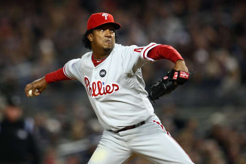 NEW YORK – OCTOBER 29: Starting pitcher Pedro Martinez #45 of the Philadelphia Phillies pitches against the New York Yankees in Game Two of the 2009 MLB World Series against at Yankee Stadium on October 29, 2009 in the Bronx borough of New York City. (Photo by Chris McGrath/Getty Images)