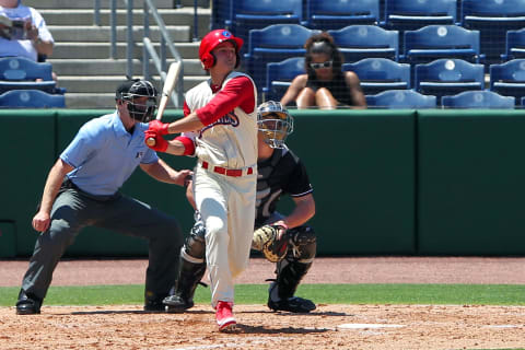 TAMPA, FL – APR 11: Mickey Moniak (2) of the Threshers hits a single to center field during the Florida State League game between the Jupiter Hammerheads and the Clearwater Threshers on April 11, 2018, at Spectrum Field in Clearwater, FL. (Photo by Cliff Welch/Icon Sportswire via Getty Images)