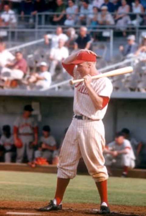 CLEARWATER, FL – MARCH 19: Richie Ashburn #1 of the Philadelphia Phillies adjusts his hat as he bats during an MLB Spring Training game on March 19, 1956 at Jack Russell Stadium in Clearwater, Florida. (Photo by Hy Peskin/Getty Images) (Set Number: X3621)