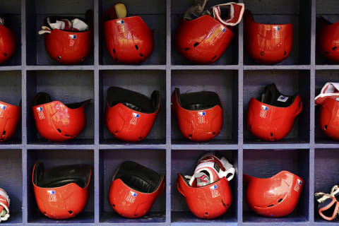 ST PETERSBURG, FL – APRIL 15: General view of the Phillies helmets prior to the Philadelphia Phillies taking on the Tampa Bay Rays on April 15, 2018 at Tropicana Field in St Petersburg, Florida. All players are wearing #42 in honor of Jackie Robinson Day.(Photo by Julio Aguilar/Getty Images)