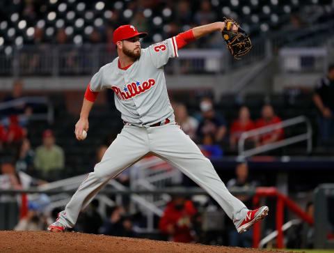 ATLANTA, GA – APRIL 17: Drew Hutchison #33 of the Philadelphia Phillies pitches in the 10th inning against the Atlanta Braves at SunTrust Park on April 17, 2018 in Atlanta, Georgia. (Photo by Kevin C. Cox/Getty Images)