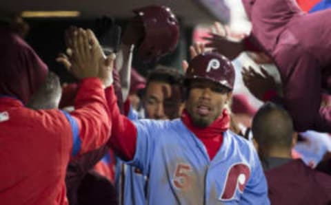 PHILADELPHIA, PA – APRIL 19: Nick Williams #5 and J.P. Crawford #2 of the Philadelphia Phillies high five teammates in the dugout in the bottom of the second inning after each scoring a run against the Pittsburgh Pirates at Citizens Bank Park on April 19, 2018 in Philadelphia, Pennsylvania. (Photo by Mitchell Leff/Getty Images)