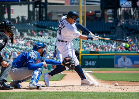 DETROIT, MI – APRIL 22: Miguel Cabrera #24 of the Detroit Tigers swings and makes contact for an RBI in the first inning against the Kansas City Royals during a MLB game at Comerica Park on April 22, 2018 in Detroit, Michigan. (Photo by Dave Reginek/Getty Images)