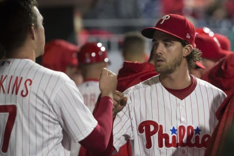 PHILADELPHIA, PA – APRIL 27: Rhys Hoskins #17 of the Philadelphia Phillies fist bumps Aaron Nola #27 after the top of the seventh inning against the Atlanta Braves at Citizens Bank Park on April 27, 2018 in Philadelphia, Pennsylvania. The Phillies defeated the Braves 7-3. (Photo by Mitchell Leff/Getty Images)