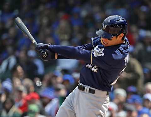 CHICAGO, IL – APRIL 27: Christian Yelich #22 of the Milwaukee Brewers bats against the Chicago Cubs at Wrigley Field on April 27, 2018 in Chicago, Illinois. The Cubs defeated the Brewers 3-2. (Photo by Jonathan Daniel/Getty Images)