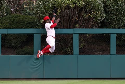 PHILADELPHIA, PA – APRIL 28: Odubel Herrera #37 of the Philadelphia Phillies climbs the wall and makes a catch on a ball hit by Freddie Freeman #5 of the Atlanta Braves during the third inning of a game at Citizens Bank Park on April 28, 2018 in Philadelphia, Pennsylvania. (Photo by Rich Schultz/Getty Images)