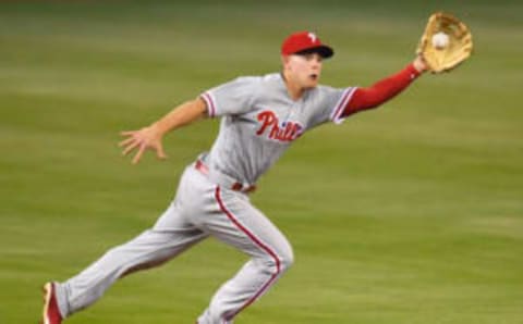 MIAMI, FL – APRIL 30: Scott Kingery #4 of the Philadelphia Phillies makes a play for the ball in the third inning against the Miami Marlins at Marlins Park on April 30, 2018 in Miami, Florida. (Photo by Mark Brown/Getty Images)