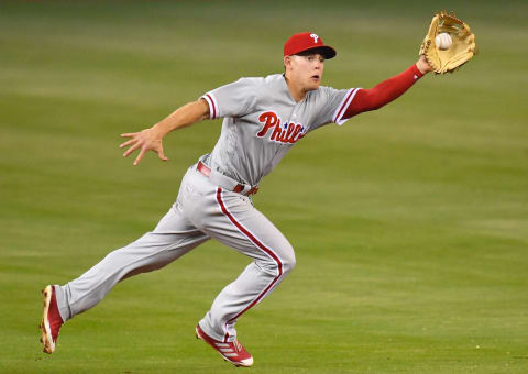 MIAMI, FL – APRIL 30: Scott Kingery #4 of the Philadelphia Phillies makes a play for the ball in the third inning against the Miami Marlins at Marlins Park on April 30, 2018 in Miami, Florida. (Photo by Mark Brown/Getty Images)