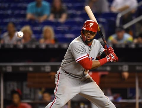 MIAMI, FL – MAY 01: Carlos Santana #41 of the Philadelphia Phillies hits for a double in the ninth inning against the Miami Marlins at Marlins Park on May 1, 2018 in Miami, Florida. (Photo by Mark Brown/Getty Images)