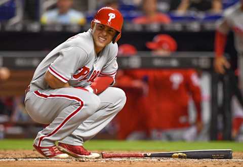 MIAMI, FL – MAY 01: Scott Kingery #4 of the Philadelphia Phillies reacts to being hit by a pitch from Tayron Guerrero of the Miami Marlins in the ninth inning during the game between the Miami Marlins and the Philadelphia Phillies at Marlins Park on May 1, 2018 in Miami, Florida. (Photo by Mark Brown/Getty Images)