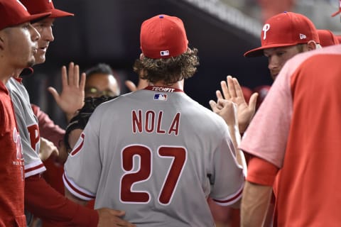 MIAMI, FL – MAY 2: Aaron Nola #27 of the Philadelphia Phillies is congratulated by teammates after leaving the game in the eighth inning against the Miami Marlins at Marlins Park on May 2, 2018 in Miami, Florida. (Photo by Eric Espada/Getty Images)