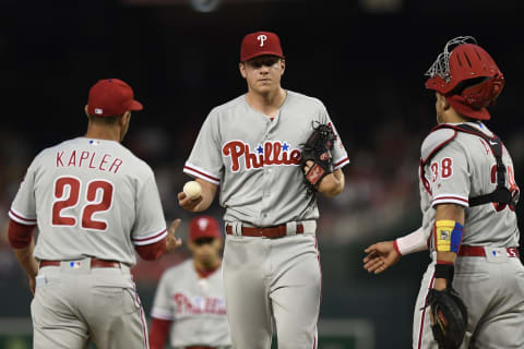 WASHINGTON, DC – MAY 04: Starting pitcher Nick Pivetta #43 of the Philadelphia Phillies hands the ball to manager Gabe Kapler #22 after being removed from the game in the second inning against the Washington Nationals at Nationals Park on May 4, 2018 in Washington, DC. (Photo by Patrick McDermott/Getty Images)